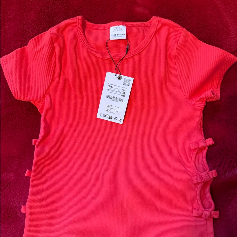 Zara Kids Red Short Sleeve Ribbed Top with Side Bow Details size 13-14